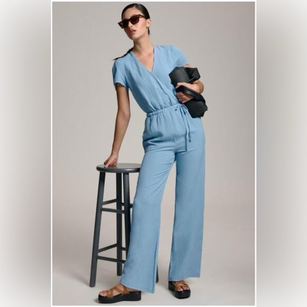 Cloth & Stone Anthropologie Faux Wrap Linen Jumpsuit Blue Chambray Size XS
